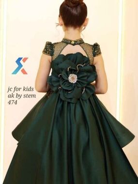 Made In Dark Green Flower-Back Girls Party Dress